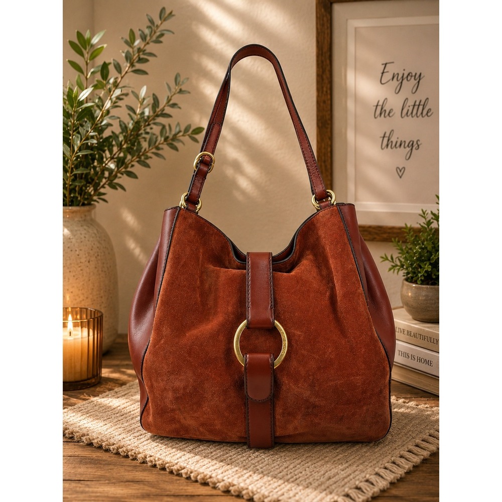 Michael Kors Quincy Hobo Bag Suede Leather Burnt Orange Gold Ring Shoulder Bag